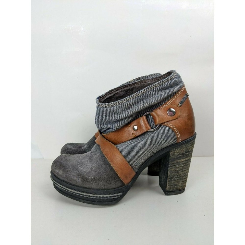 Diesel Booties Leather and denim heeled boots y2k blue tan size 6
